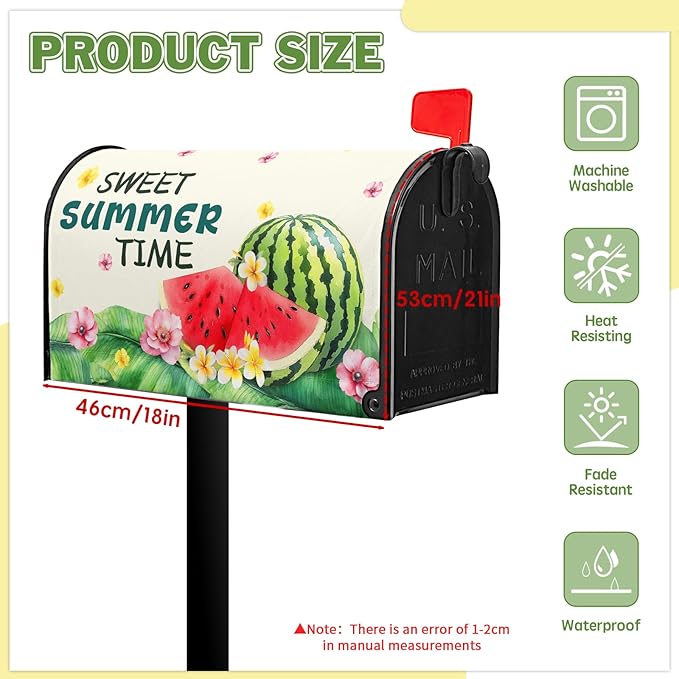 Watermelon Mailbox Cover Summer Sweet Time Mail Box Wraps Summer Mailbox Covers Magnetic Standard Size 21x18 inch Palm Leaf Floral Holiday Decorative Mailboxes for Outdoor Garden Home Decor
