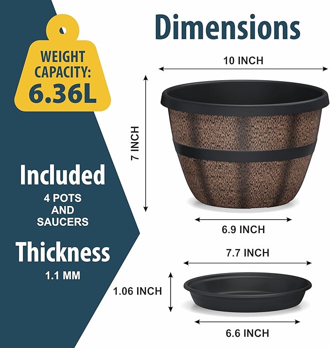 Lifemaster 10-Inch Whiskey Barrel Planters Outdoor Pack of 4, Plastic Decoration Plant Pots for Indoor & Outdoor Use with Drainage & Saucer, Rustic Garden Planters for Flowers, Small Plants & Herbs