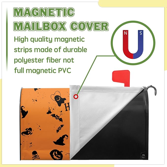 Happy Halloween Mailbox Covers Magnetic Standard Size 21x18 inch Witch Spider Mail Box Cover Skull Ghost Post Letter Box Cover for Outdoor Garden Decor Orange