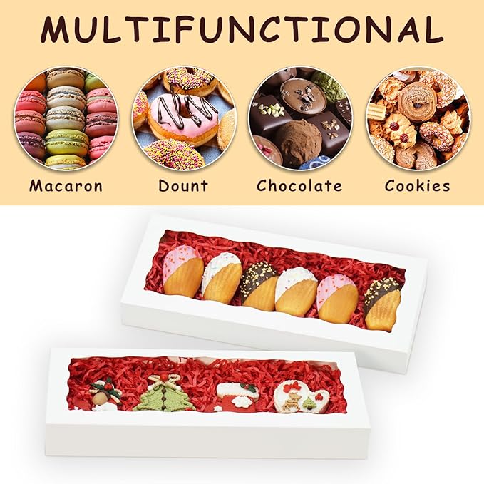 50pcs Cookie Boxes with window 12 x 5 x 1.5 Inch Bakery Boxes Treat Box Dessert Box for Wedding Party Favors - White