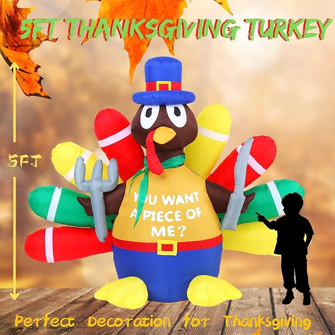 Thanksgiving Inflatable Turkey Decorations -5FT LED Light Up Pilgrim Hat & Colorful Tail -Holding Knife and Fork Turkey Blow up Yard Decor Outdoor Indoor Lawn Garden Home Autumn Holiday Harvest