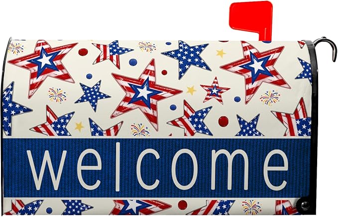 Welcome Star Mailbox Magnetic Covers 4th of July Mailbox Cover Patriotic Post Letter Box Cover Wrap Fourth of July Mail Box Decorations for Outside Garden Standard Size 21x18 in