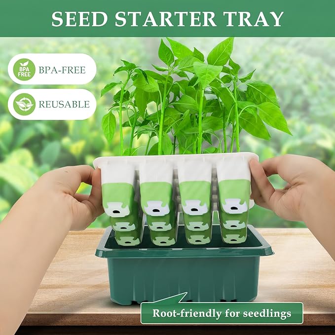 Seed Starter Tray, 48 Cells Indoor Seed Starter Kit, Flexible Silicone Designed Seedling Starter Trays, Germination Tray with Humidity Dome & Lids(4in Height), Reusable & Dishwasher Safe, BPA-Free