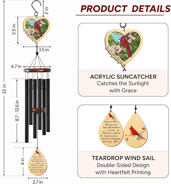 FLAGWIX Sympathy Gifts for Loss of Loved One - Christmas Memorial Wind Chimes for Outside 32in - Cardinal Gifts for Women Men, Bereavement Gift idea, in Memory of a Loved One Mother Father Husband