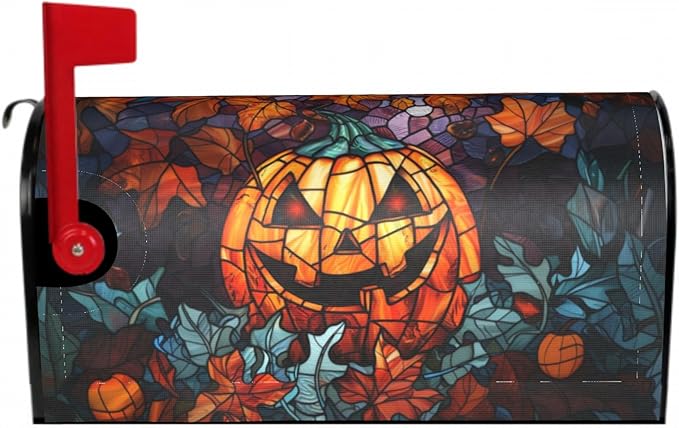 Scary Halloween Pumpkin Mailbox Covers - Stained Glass Autumn Fall Magnetic Standard Size 18 x 21