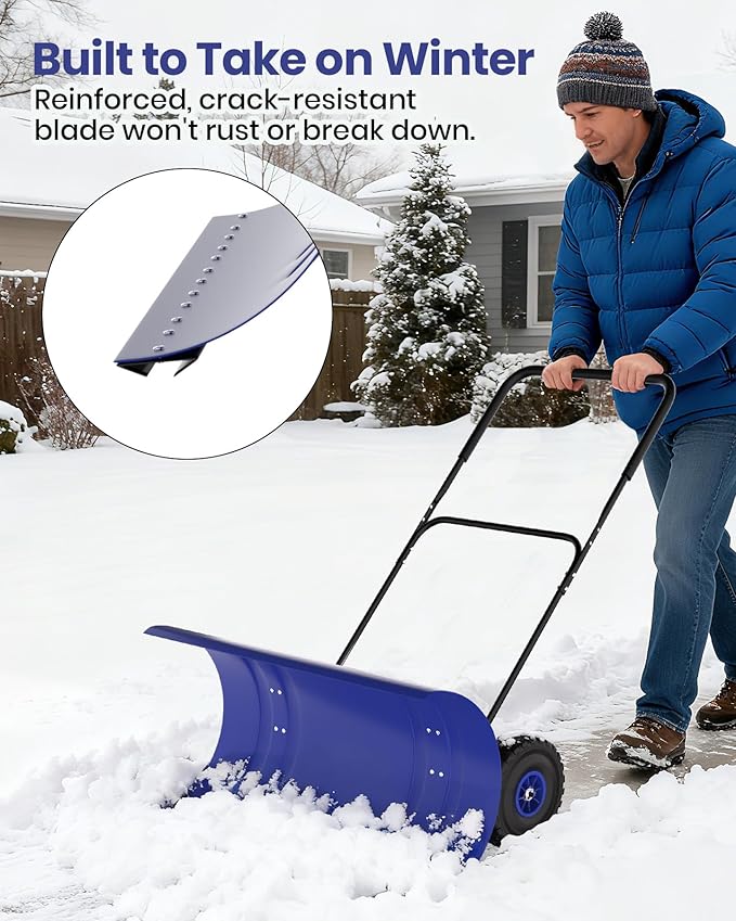 Snow Pusher with Wheels for Driveway, 36" Wide Heavy Duty Steel Blade, 2-Position Height Adjustment & 60° Tilt Handle, Ergonomic Push Snow Shovel with Ground Protection for Effortless Snow Removal