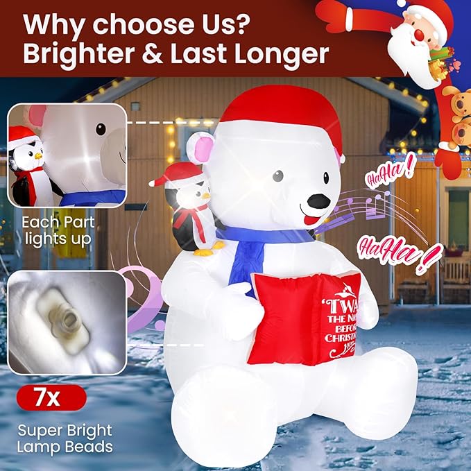 8FT Giant Christmas Inflatable Polar Bear with Penguin Decoration, LED Light Up & Built-in Speaker, Blow Up Outdoor Indoor Xmas Yard Decor for Lawn Garden Party Holiday Season