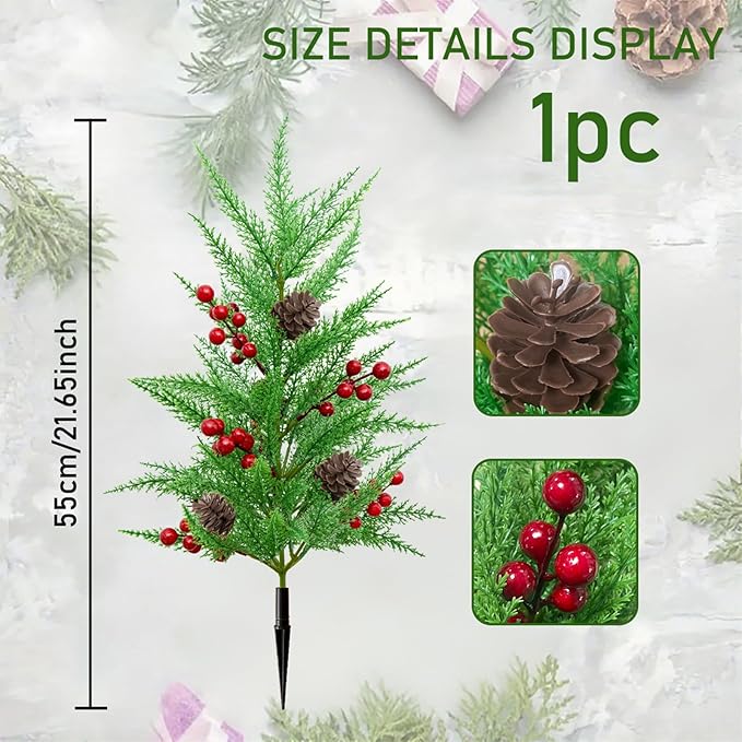 Green Pine Christmas Tree Stake Realistic Decorative Berry Artificial Plants Garden Stakes with Ground Spike (Green 3, One Size)