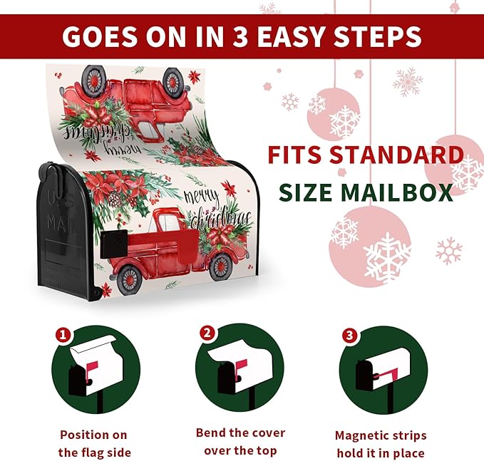 Christmas Red Truck Mailbox Covers Magnetic 21x18 Inches Standard Size Xmas Winter Mailbox Cover Post Letter Box Wraps for Outside Garden Yard Outdoor Christmas Decorations
