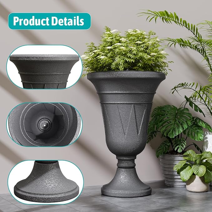 Tall Plastic Urn Planters for Outdoor Plants Set of 2-23.6" H Classic Trophy Design Indoor Large Flower Pots with Drainage Holes, Outdoor Planters for Porch Decor/Garden Vase, Grey