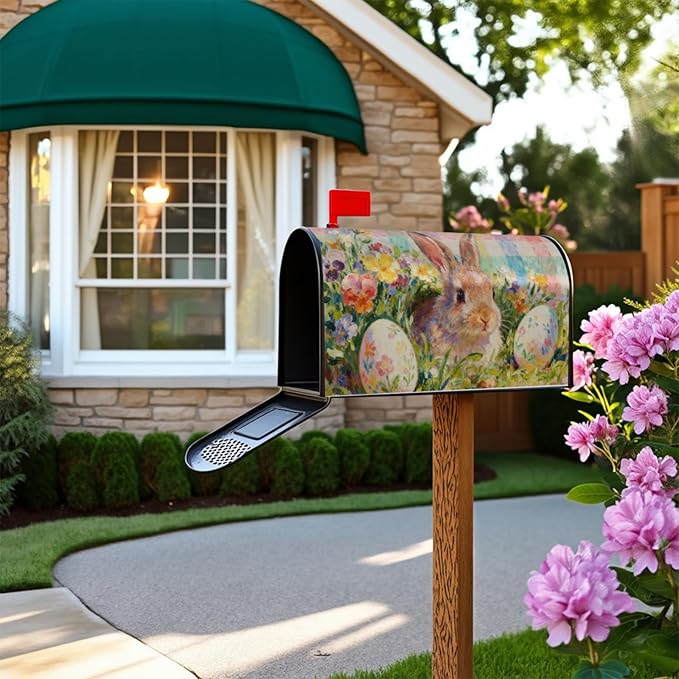Easter Bunny Floral Large Mailbox Covers Magnetic Oversized Pastel Plaid Rabbit Flower Egg Spring Holiday Theme Outdoor Seasonal Decorative Letter Box Cases for Home Garden Outside Decor, 25.5x21 Inch