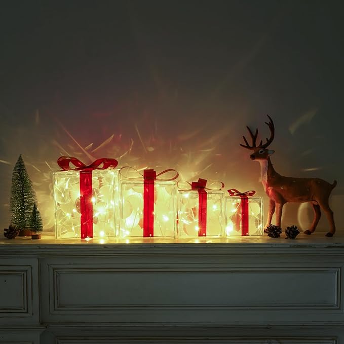Christmas Lighted Gift Boxes, Pre-lit Lights Gift Boxes Set of 4, Light up Present Boxes Set Battery Operated with Different Sizes for Holiday Indoor Outdoor Decorations(Warm White)