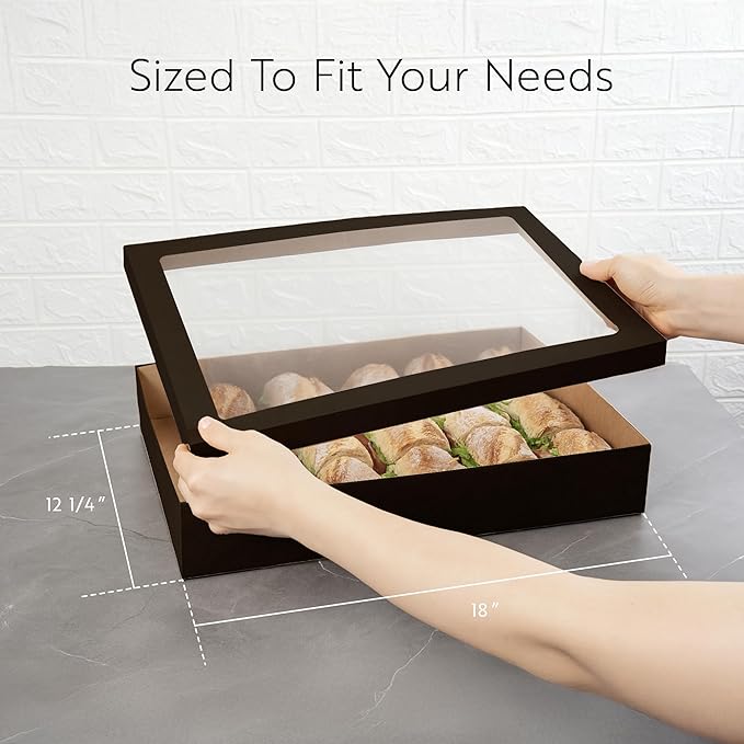 Restaurantware Cater Tek 17.9 x 12.3 x 3.2 Inch Baked Goods Boxes 10 Greaseproof Pastry Boxes - Window Lids Insert Tab Lock Black Paper Catering Boxes Easy Assembly For Charcuterie Or Cupcakes