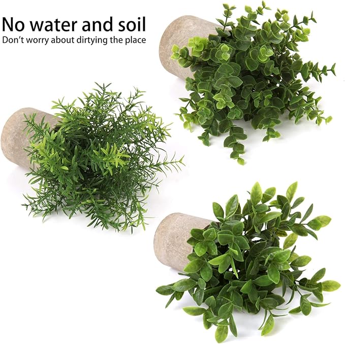 Briful Artificial Potted Plants Set of 3 Small Faux Plant Eucalyptus Mini Fake Plant Decor for Home Table Office Room Desk Bathroom Shelf Kitchen Rustic Farmhouse Mantel Decoration
