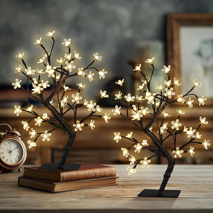 PEIDUO Set of 2 Lighted Cherry Blossom Tree, Light up Bonsai Tree for Christmas Decorations, Warm White Lights Plug in Adapter, Tabletop Night Light Artificial Tree for Indoor Bedroom Living Room
