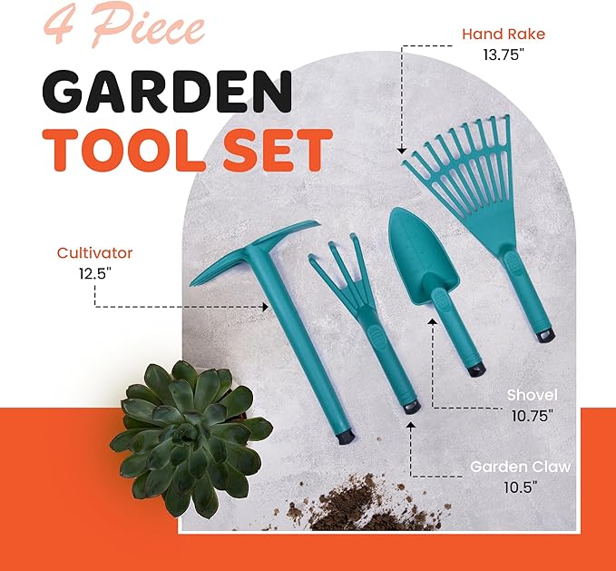 Mintra Garden Tool Set, 4 Piece Heavy Duty Gardening Tools Including Cultivator, Trowel, Shovel & Rake, Durable Poly Material & Non-Slip Handle, Garden Hand Tools Set for Gardening Gift, Fuchsia
