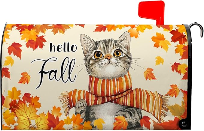 Hello Fall Mailbox Cover Cat Mail Box Covers Magnetic Standard Size 21x18 inch Maple Leaf Mailbox Wrap for Outside Garden Yard