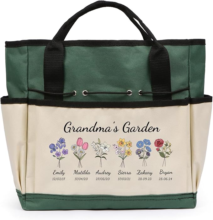 Personalized Garden Tools Set for Women: Custom Text Garden Tool Bag and Garden Shovel & Transplant Shovel & Hand Rake - Gardening Gifts for Mom Grandma Gardening Lover (6 Flowers)