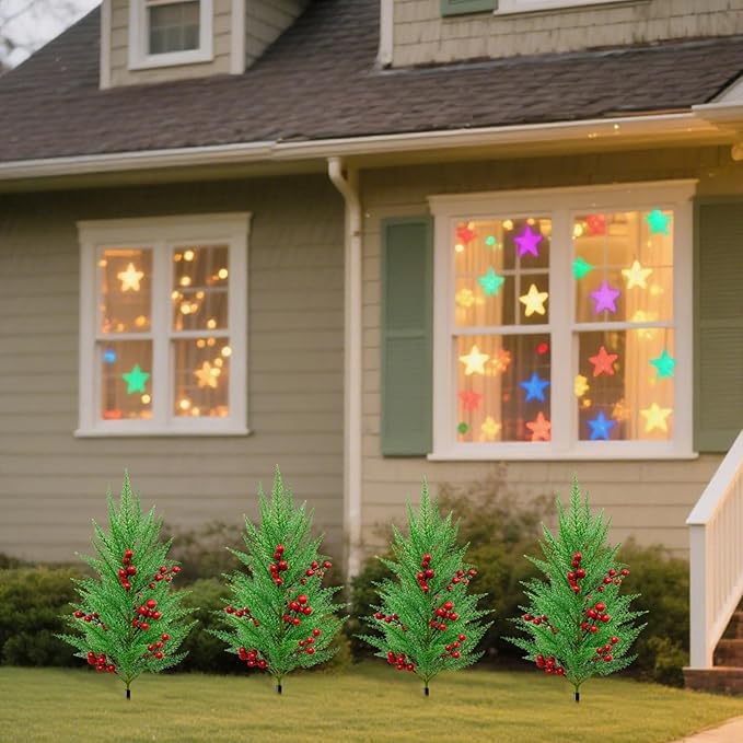 Green Pine Christmas Tree Stake Realistic Decorative Berry Artificial Plants Garden Stakes with Ground Spike (Green 2, One Size)