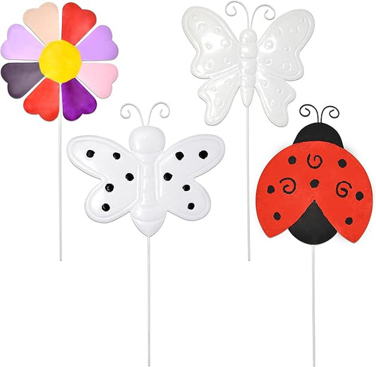 Gift Boutique Paint Your Own Metal Yard Stakes – 4 Pack Butterfly, Bee, Ladybug, Flower Garden Decor Craft Kit for Kids & Adults, Spring/Summer