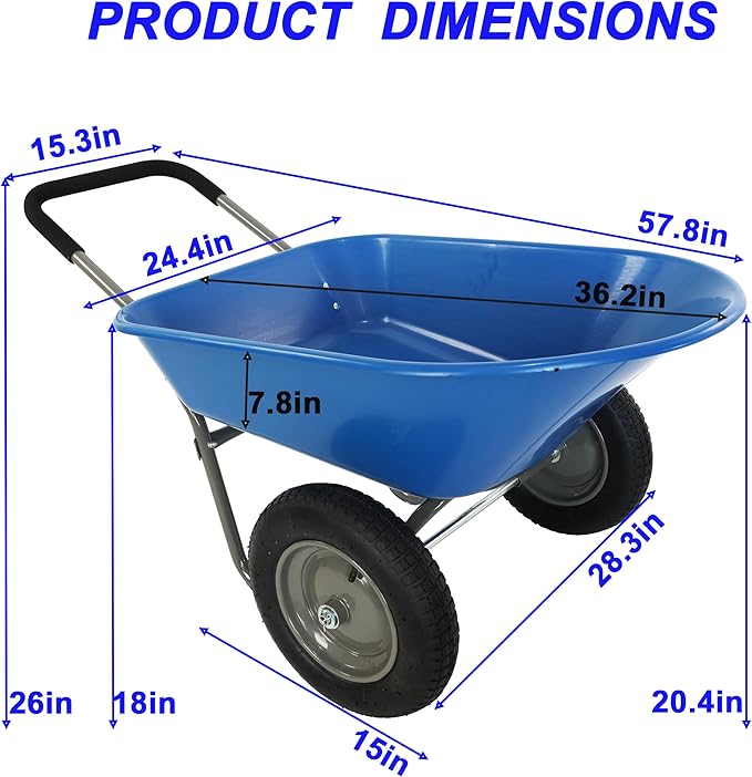 Red Metal Wheelbarrow, Easy Loading and Dumping Garden Cart with Steel Tray, Durable Heavy Duty Utility Trolley for Transporting, Soil, Sand (Blue, 15 inch Inflation 2 Wheels)