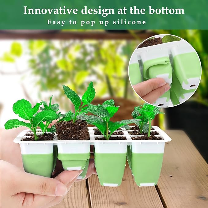 Seed Starter Tray, 24 Cells Indoor Seed Starter Kit, Flexible Silicone Designed Seedling Starter Trays, Germination Tray with Humidity Dome & Lids(4in Height), Reusable & Dishwasher Safe, BPA-Free