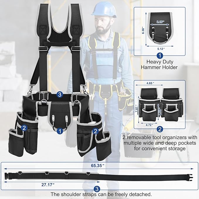 Tool belts for men - multi-functional detachable adjustable tool belt with shoulder strap magnetic wristband set, suitable for electricians and carpenters。 (black and gray)