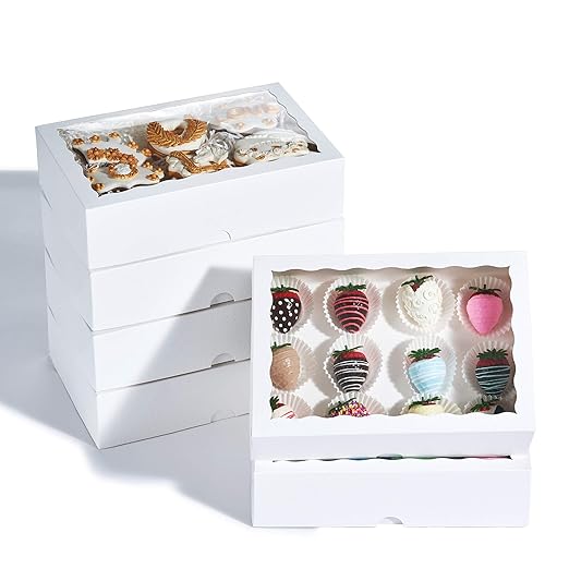 12PCS 10 x 7 x 2.5 inches Premium Fancy White Strawberry Boxes, Cookie Boxes, Elegant White Bakery Box with Display Window
