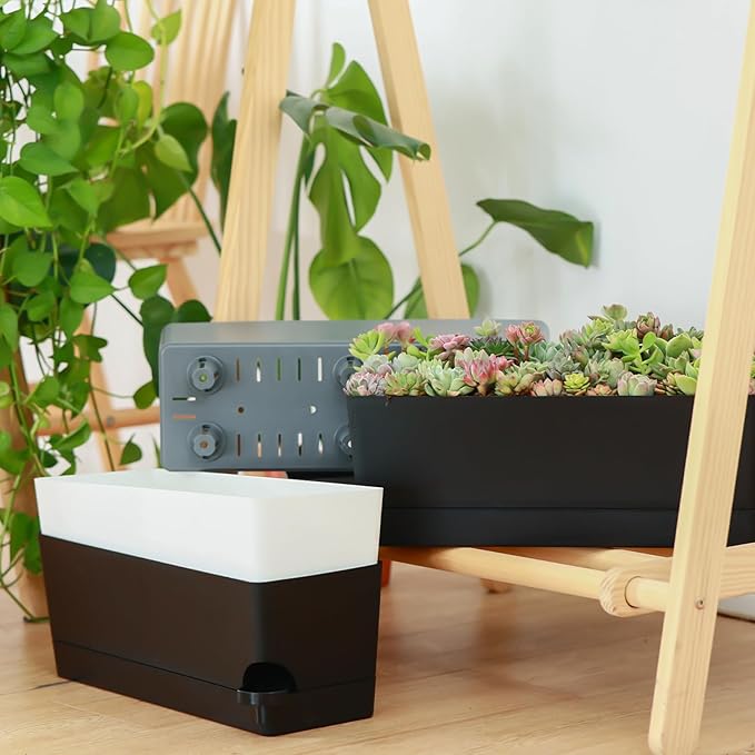 2 Pack Self Watering Pots for Indoor Plants 17 Inches Window Boxes Planters Rectangular Flower Pots Rectangle Herb Pots Large Plant Pots with Drainage Holes and Saucers Windowsill Planter, White