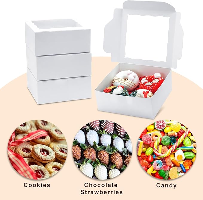 20pcs Cookie Boxes 6x6x2.5 Inch Bakery Boxes with window Chocolate Covered Strawberries Box Treat Box for Mini Cake Macaroon Dessert Pastry Muffins