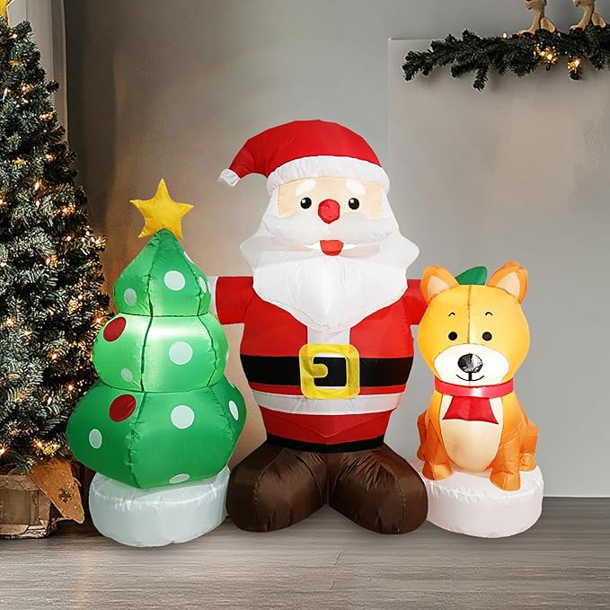 5FT Christmas Inflatable Santa Set with Dog & Tree Blow up Lighted Yard Decoration Suitable for Christmas Indoor Outdoor Xmas Yard Party Holiday Garden Decor
