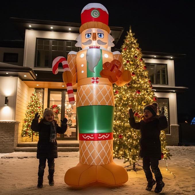 8 FT Christmas Inflatables Outdoor Decorations Nutcracker with Little Gingerbread Man Hold Candy Cane Blow Up Yard Decoration with Built-in LEDs for Xmas Holiday Outside Garden Lawn Yard Decor