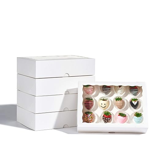 12PCS 10 x 7 x 2.5 inches Premium Fancy White Strawberry Boxes, Cookie Boxes, Elegant White Bakery Box with Display Window