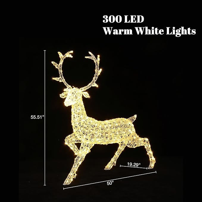 LuxenHome Lighted Reindeer Christmas Outdoor Yard Decorations, Prelit Runing Reindeer Indoor & Outdoor Christmas Decor with 300 LED Lights, Xmas Decorations for Front Porch, Lawn, Garden Display