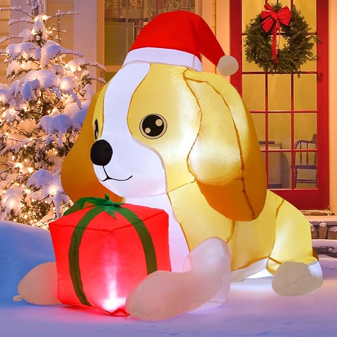 GOOSH 5 FT Long Christmas Inflatables Dog Outdoor Decorations Blow Up Yard Cute Puppy with a Box with Built-in LEDs for Xmas Garden Lawn Indoor Party Decor