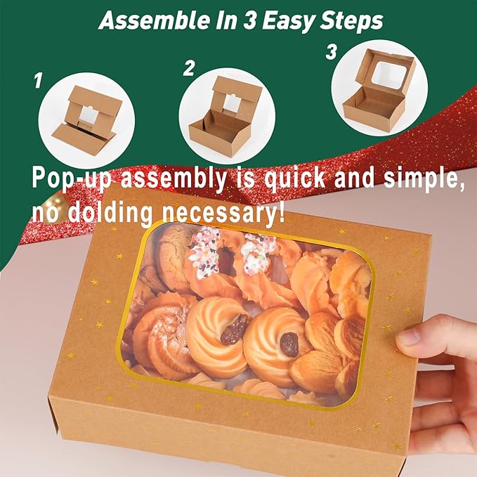 24 Pcs Gold Star Cookie Boxes,Treat Boxes for Dessert 8.25" x 6" x 2.75" with Window, Bakery Brown Pastry Dessert Boxes for Chocolate Strawberries Muffins Donuts and Party Favor
