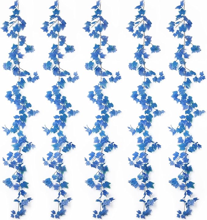 mizii 5 Packs 360" Artificial Vines Blue Ivy Garland Realistic Fake Vine Silk Leaves Faux Hanging Plants Greenery Decoration for Outdoors Wedding Party Indoor Mantle Bedroom Home Decor (Blue Ivy)