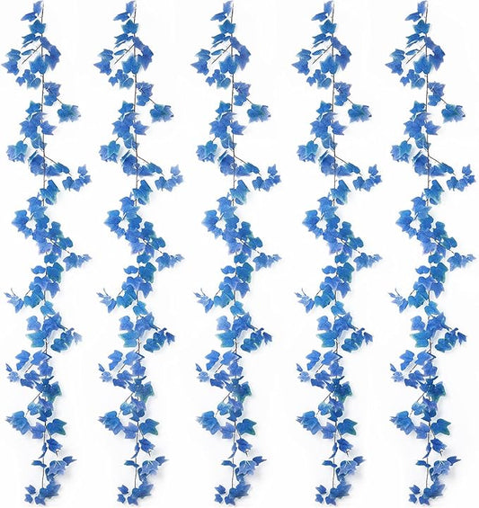 mizii 5 Packs 360" Artificial Vines Blue Ivy Garland Realistic Fake Vine Silk Leaves Faux Hanging Plants Greenery Decoration for Outdoors Wedding Party Indoor Mantle Bedroom Home Decor (Blue Ivy)