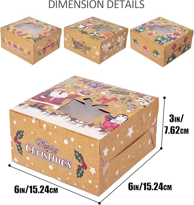 qiqee Christmas Treat Boxes with Window 36pcs 6x6x3 Brown Kraft Bakery Cookie Boxes Small Donut Pastry Boxes for Holiday Gift-giving Party Supply