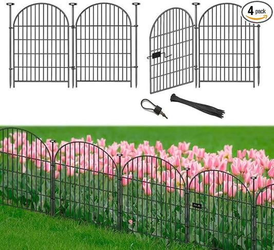 Garden Fence Border 36 in(H) x8.8 Ft(L), 4 Panels Dog Fence Outdoor for Yard, Tall Garden Animal Barrier Fence with Gate, Arched Rustproof Metal No Dig Fence, Flower Bed Fencing