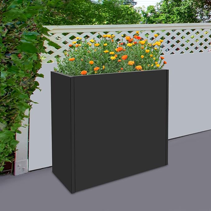 Metal Planter Box, Tall Rectangular Raised Garden Bed with Removable Shelf and Drainage Holes, Modern Steel Garden Planter, Flower Planter Boxes for Patio, Yard & Porch, Outdoor (Black, 34*10*30in)