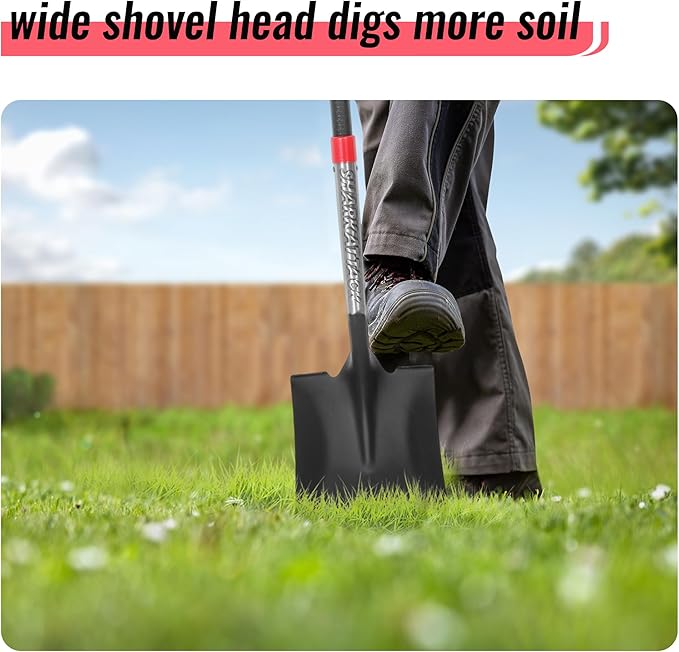 SHARK ATTACK Heavy Duty Garden Shovel, 56.7 Inch Square Head Spade Shovel with Powder Coated Steel & Non-Slip Grip for Gardening, Land Management, Yard Work, Farming and Outdoors
