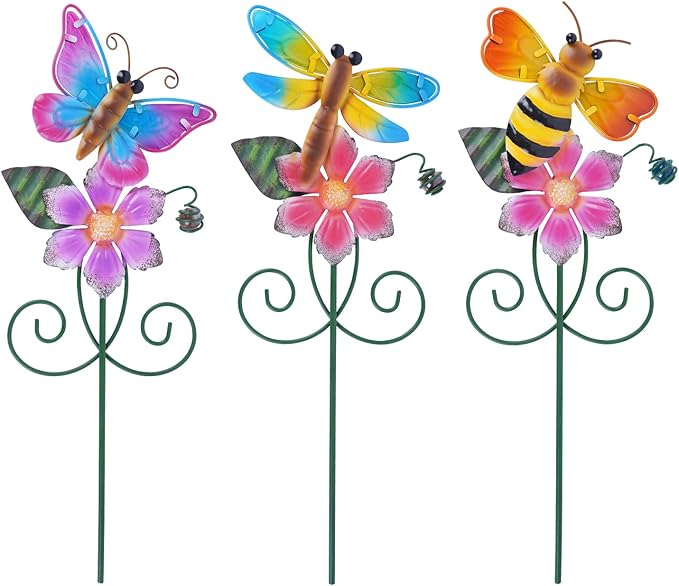 Topadorn Floral Garden Stakes Outdoor Plant Pick Waterproof Metal Flower Garden Stakes for Lawn Yard Patio,Pathway and Planter Pot Decor,Set of 3,Bee,Butterfly and Dragonfly