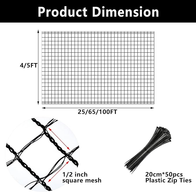 5x100ft Deer Fence Netting, Plastic Mesh Fence Heavy Duty Garden Fence Animal Barrier Garden Netting for Plants Fruit Trees Vegetables Against Deer, Birds, Rabbits, Chickens and Other Animals, Black