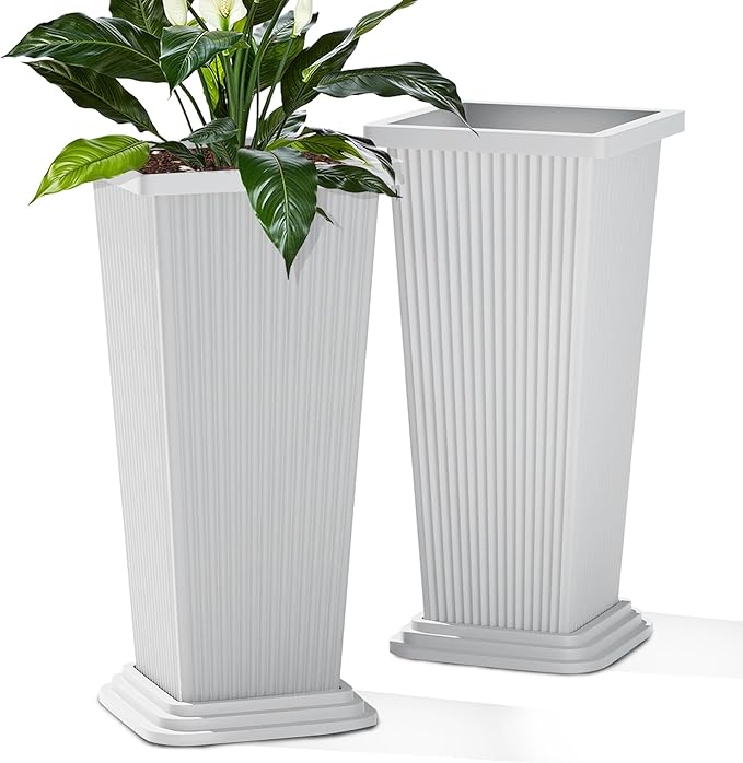 Tall Planters Set of 2, Large Indoor Outdoor Flower Pots with Tray Modern Tapered Planter for Patio, Garden, Porch, Backyard (White Ribbed 24")