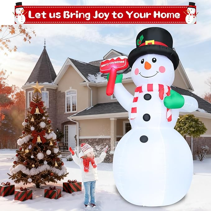 GOOSH 10.3 FT Christmas Inflatables Snowman Outdoor Decoration Blow Up Holds a Red Sign with Built-in LEDs for Garden Lawn Indoor Party Decor