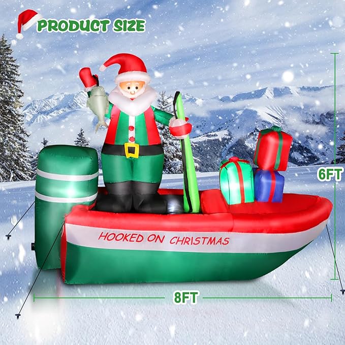 8FT Christmas Inflatables Santa Claus Fishing on a Boat with Colorful Gift Boxes, Giant Blow Up Santa Outdoor Decorations with Built-in Lights for Yard Lawn Garden Xmas Party Holiday Decor