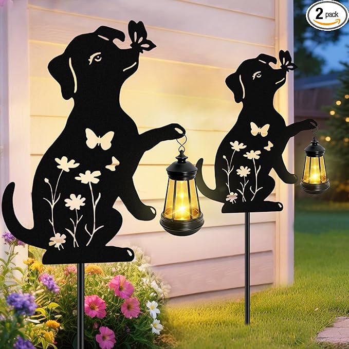 Solar Lights Outdoor, 2 Pack Metal Dog Solar Lights, Christmas Birthday Gifts for Women Mom Mother's Day, Waterproof Metal Hanging Lantern Stakes Garden Decor Outside Patio Yard Pathway Backyard,Lawn
