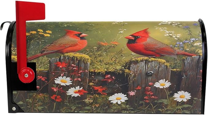 SUABO Mailbox Cover Two Red Cardinals Daisy Standard Magnetic Mailbox Covers Wraps for Christmas Home Yard Garden Decor