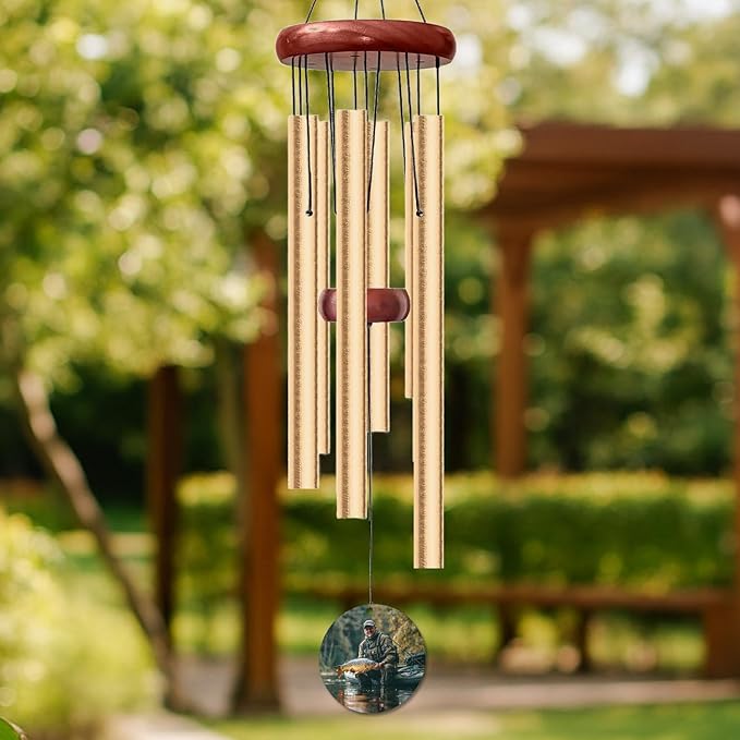 Personalized Fishing Memorial Wind Chime with Photo – “Someone We Love is Fishing in Heaven” Custom Name, Years & Picture – Outdoor Sympathy Gift for Fishermen – in Loving Memory Remembrance Chime